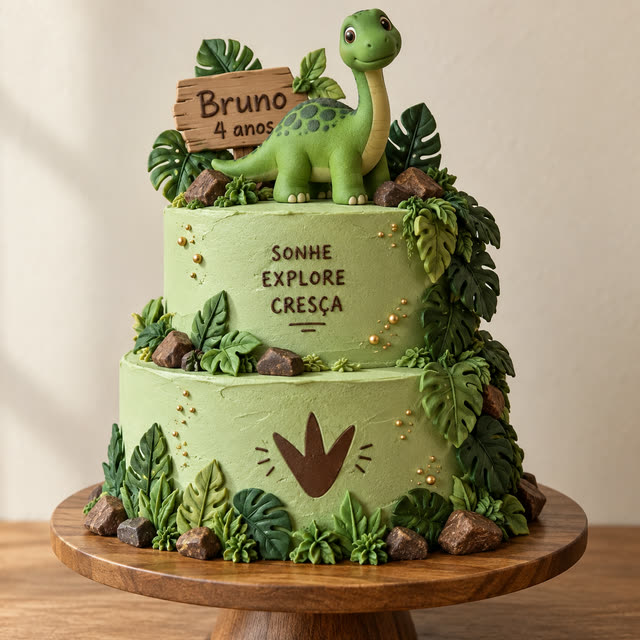 Bolo de aniversário de dois andares com tema dinossauro (imagem ilustrativa)